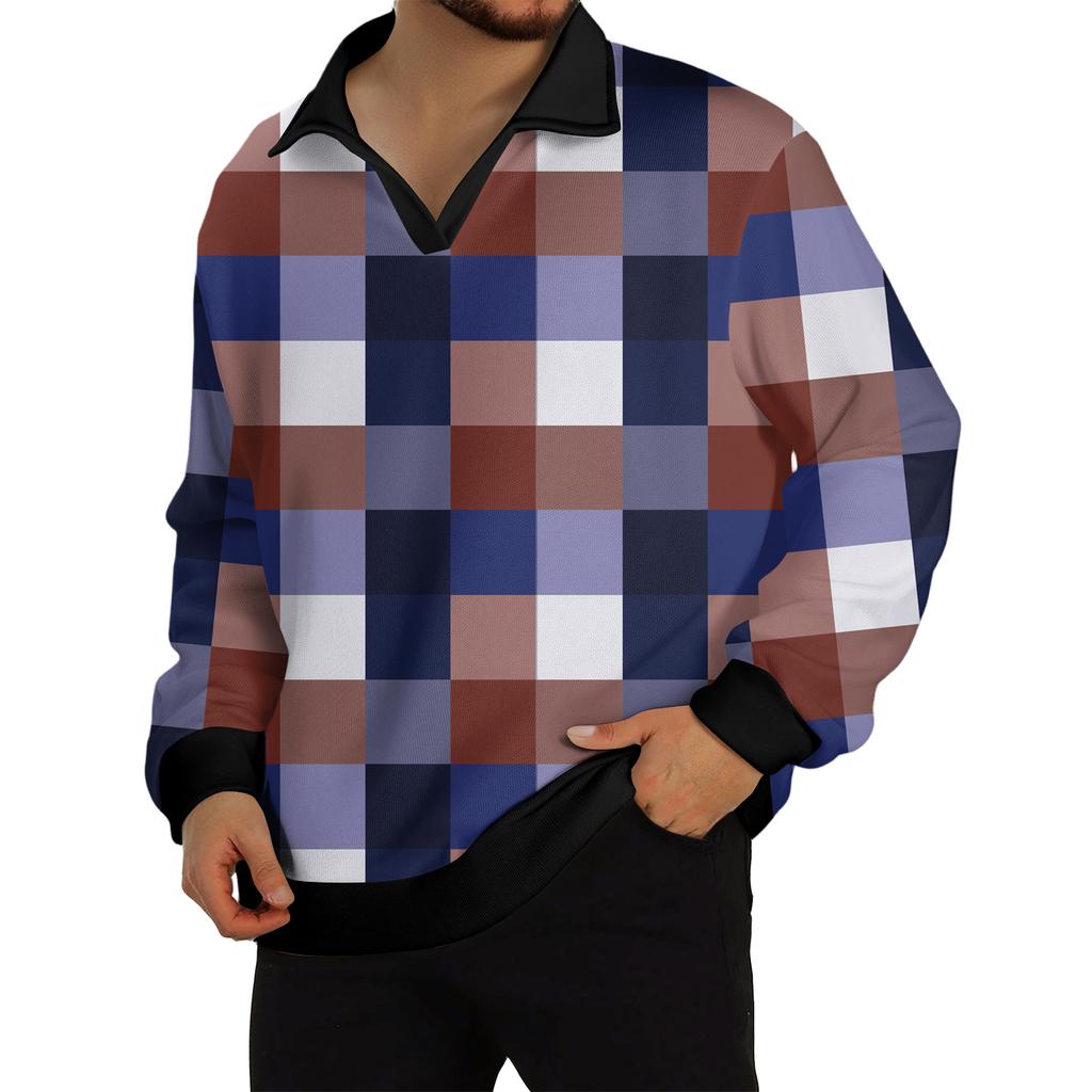 Men's Casual Fashion Printed Lapel Long-sleeved Knitted Bottoming Shirt Top