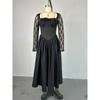 Damenkleid Frühling und Herbst Temperament Quadratischer Ausschnitt Spitze Langärmlig Tailliert Einfarbig Midilänge Kleider