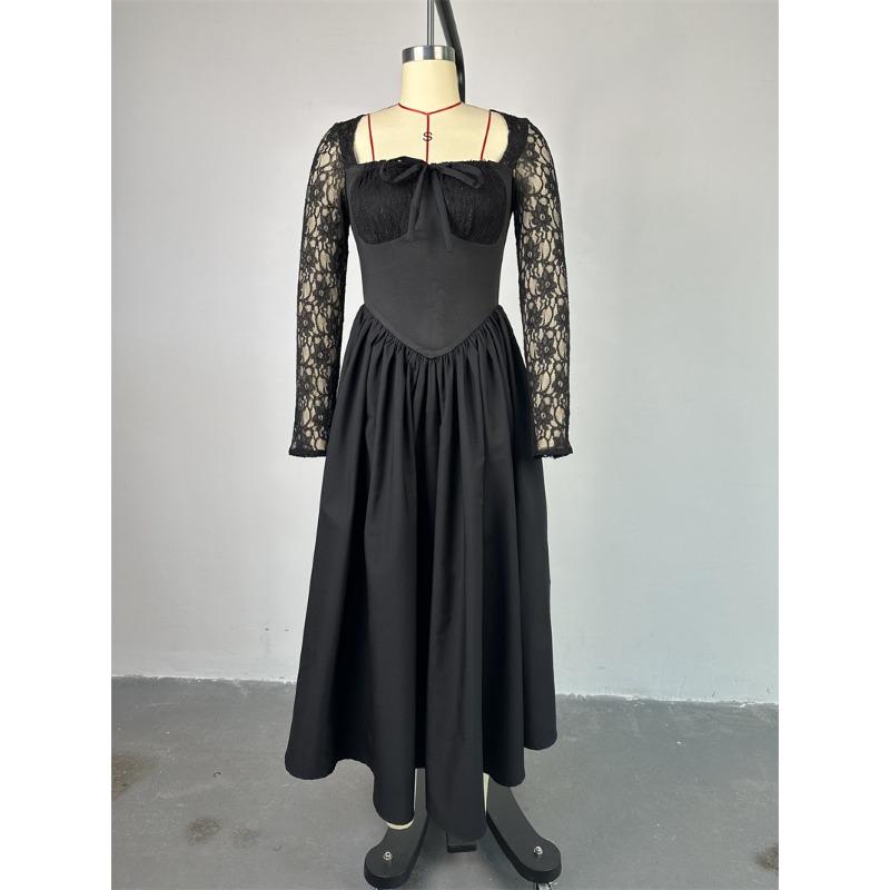 Damenkleid Frühling und Herbst Temperament Quadratischer Ausschnitt Spitze Langärmlig Tailliert Einfarbig Midilänge Kleider