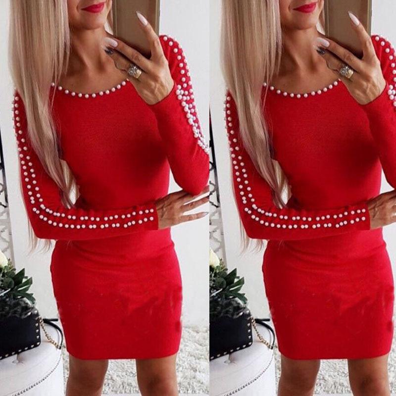 Jesień/Zima Europejska i Amerykańska Wyszczuplająca Sukienka A-line z Koralikami Bodycon - Długi Rękaw, Seksowny Krój