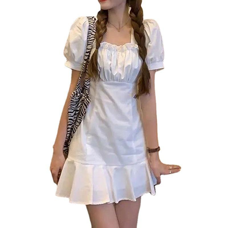 Vestido Curto Feminino Moda Babados Cintura Fina Gola Quadrada Pequeno A-line Vestido Bolsa Quadril