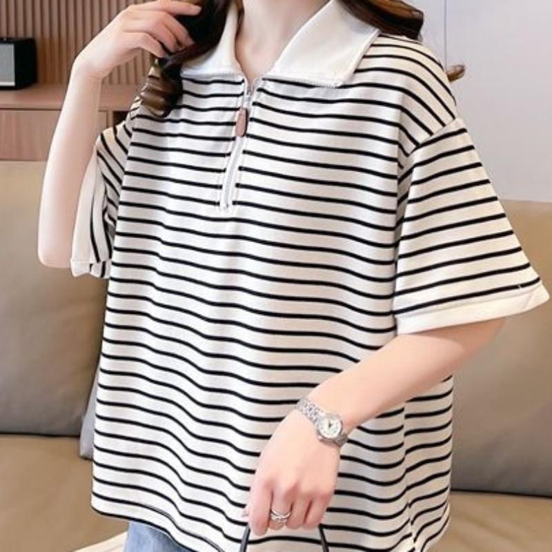 Striped Women's T-shirt Black White Contrast Turn Down Collar Half Zippers Short Sleeved Tees Korean Style Summer New Loose Casual Lady Top