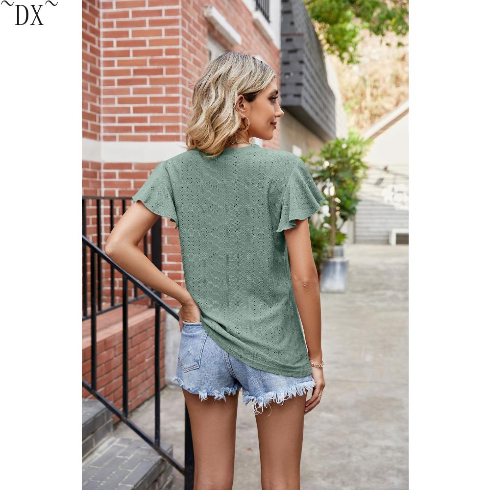 DX~~Summer New Solid Color Double Sleeve V-Neck Loose Short Sleeve T-shirt Top