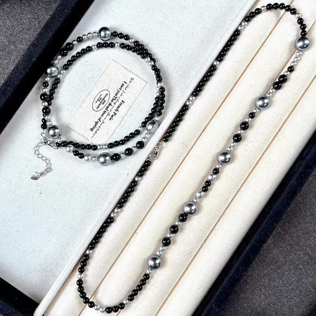Collana Vintage Doppia Notte Nera Agata Nera Naturale Cristallo Artificiale Perla Catena Clavicola