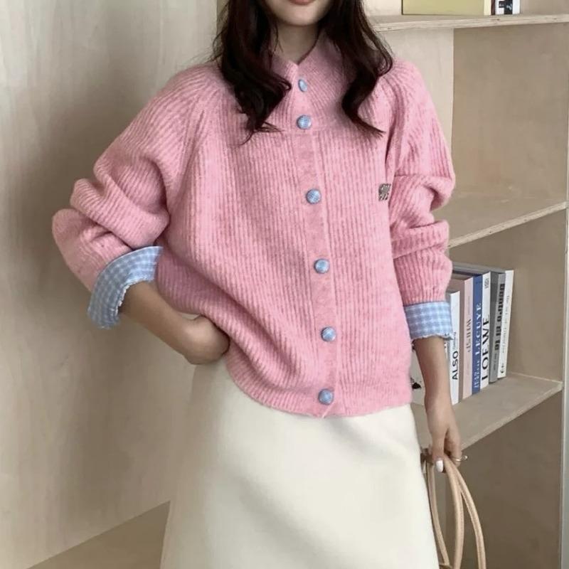 

Осень Зима Полувысокий воротник Винтажный пэчворк Повседневная мода Все-сочетаемый свитер Женский Пуговицы Вязаное пальто Топ onesize розовый