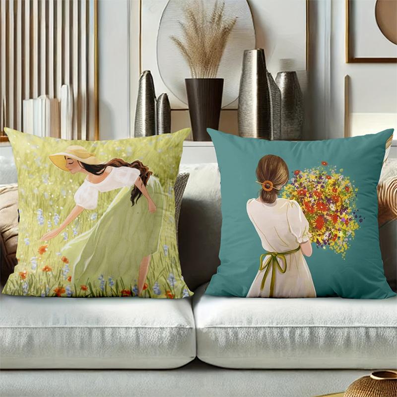Four Pillow Covers With Girl And Flower Pattern Polyester Pillowcase, Sofa Decorative Cushion Cov Headboard Pillow
