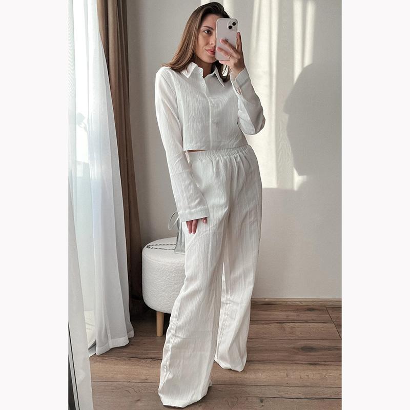 Streamgirl Women Summer Pants Sets 2 Pieces Crop Tops And Wide Leg Pants White Chiffon Thin Two Pieces Pant Sets Women's Suits