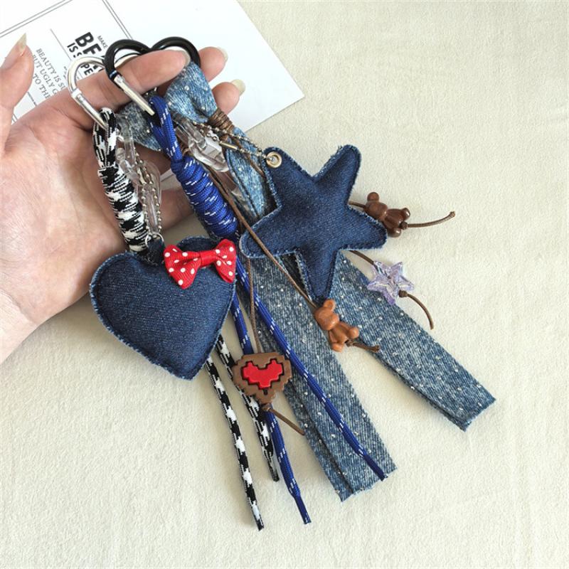 Portachiavi Pendente Laccio Intrecciato a Forma di Cuore Stella a Cinque Punte Stile Denim Creativo Trendy e Cool Pendente per Borsa Stile Ins