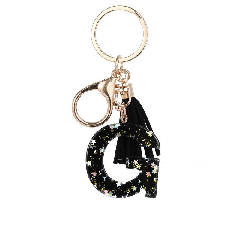 Black Glitter Star Sequins Resin 26 Letters Keychain Initials A-Z Keyring Tassel Charm Accessories Backpack Hanging Decoration