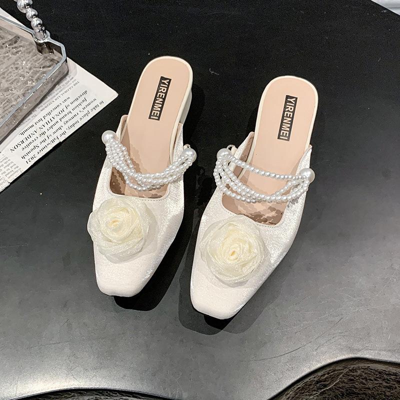 

Thick heel niche 2025 women s shoes temperament flower French new outer wear sandals bag head half slippers design spring 40 бежевий