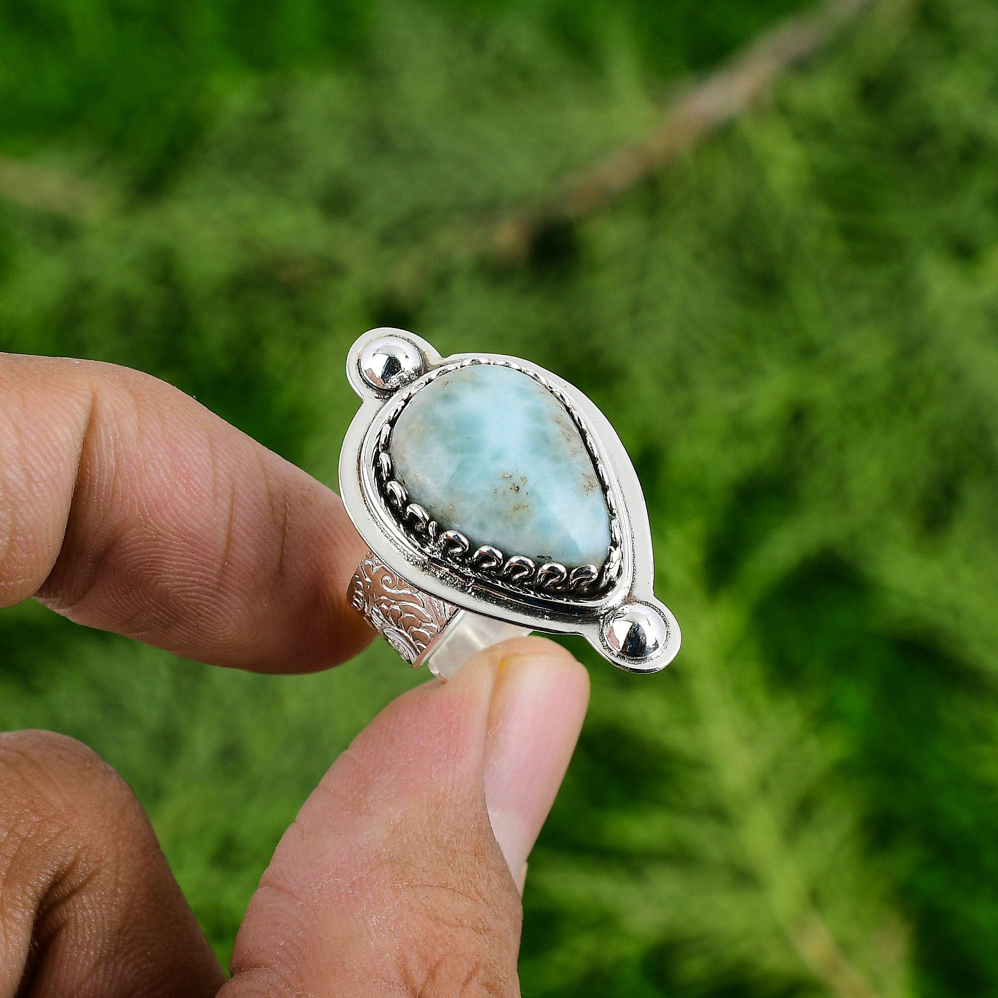 

Natural Larimar Gemstone Statement Adjustable Ring 925 Sterling Silver For Girls Adjustable
