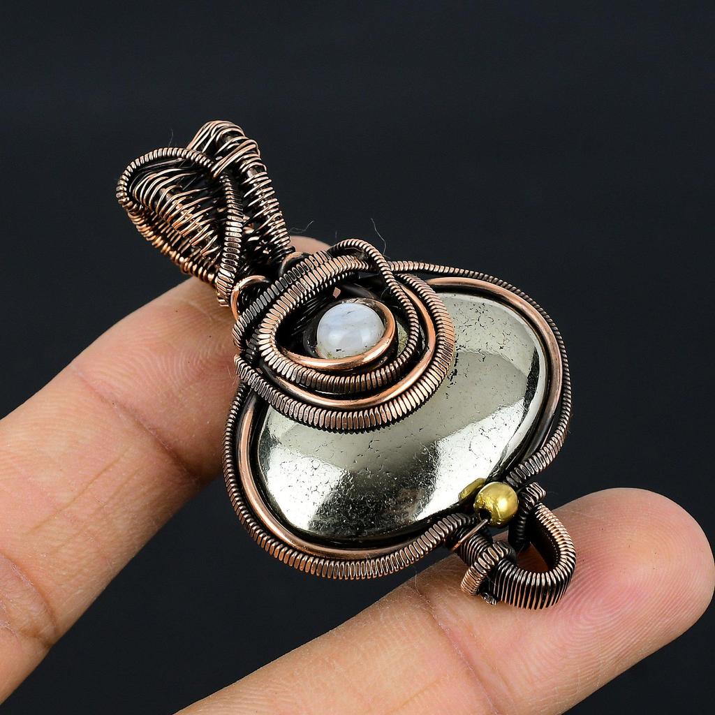 Pyrite Agate & Moonstone 999 Copper Wire Wrapped Pendant, Handmade Gemstone Pendant Jewelry, Gifts For Wife Brand New Pendant