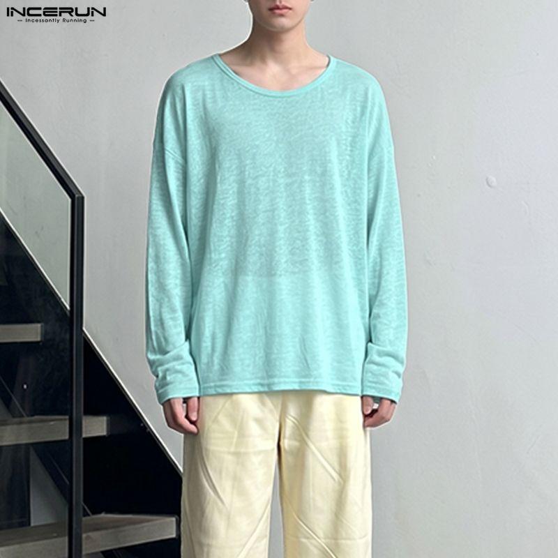 INCERUN Herren U-Boot-Ausschnitt Langarm Leicht Casual Oversized Halbtransparent Oberteile T-Shirts