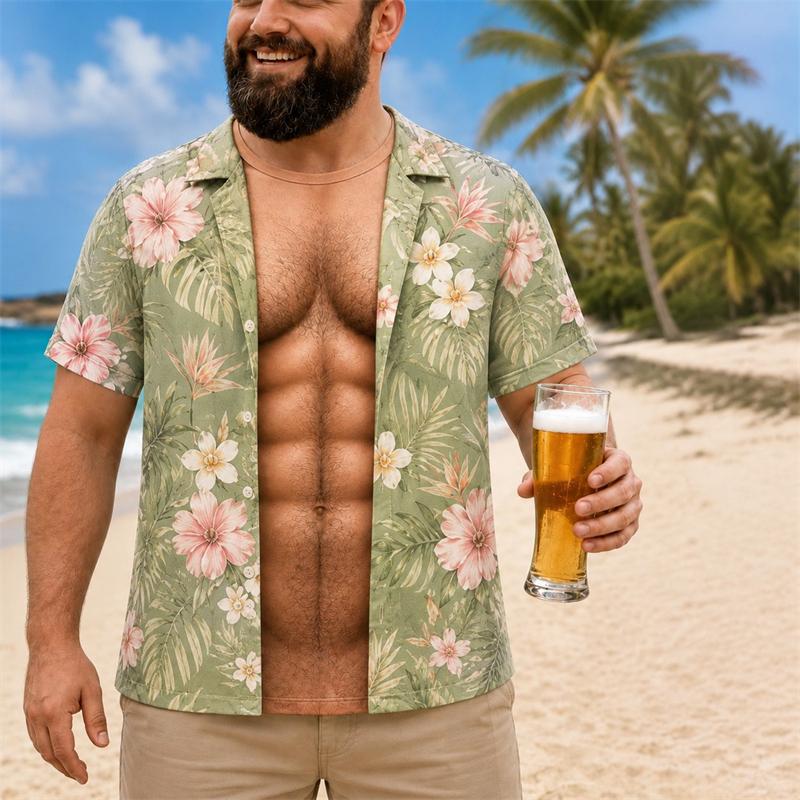 Funny 3D Print Muscle Belly Graphic T Shirt Men Hawaii Floral Leaf Pattern Casual Summer Short Sleeve Tops Beach Trip Pool Party