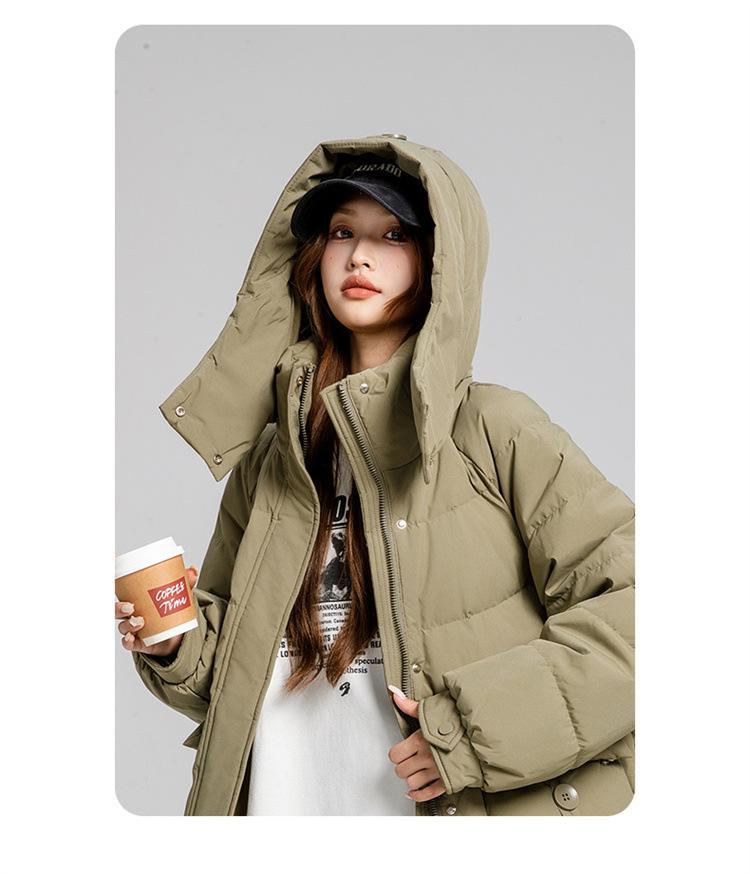 Women's Autumn and Winter Coat Solid Color Stand Collar Hooded Loose Thickened Windproof Mid-length Women's Jacket