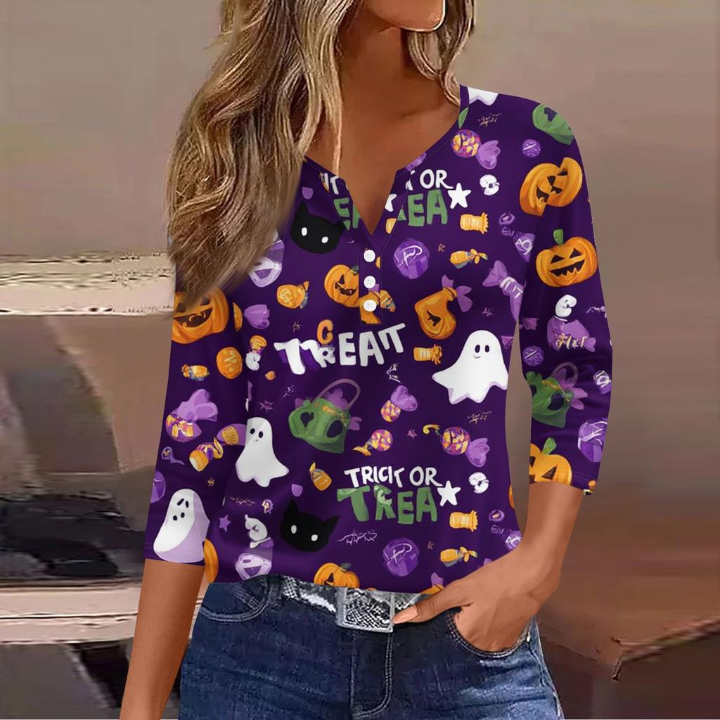 Women's Casual Fashion V-neck Loose Versatile Halloween Print Three-quarter Sleeve Top
