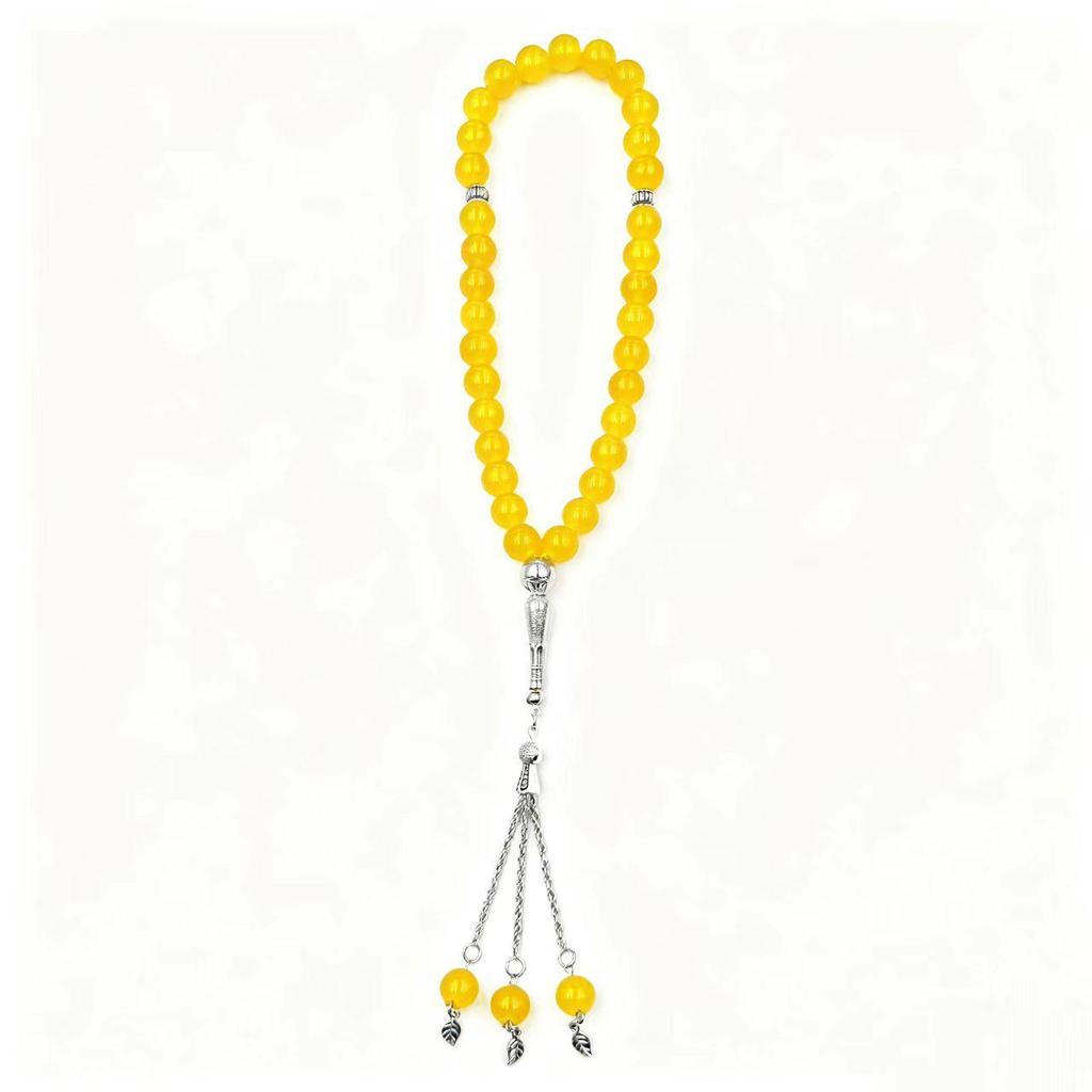 Multi-color Imitation Agate Glass Prayer Beads Bracelet with Silver Tassel - 33 Bead Ethnic Style Ornament.