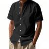 Men's White Stand Collar Short Sleeve Button-Down Shirt with Chest Pocket