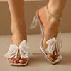 Fashion Elegant Women's Pearl Bowtie Sandals Summer 2025 Thick High Heels Crystal Slippers Woman Square Toe Lace Beaded Gladiator Shoes