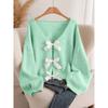 Design bow knitted cardigan autumn and winter new loose versatile lazy style knitted sweater