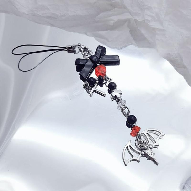 Halloween Gothic Punk Bat Phone Charm for Women Men Cross Pendant Mobile Phone Chain Y2K Bowknot Heart Lanyard Keychain