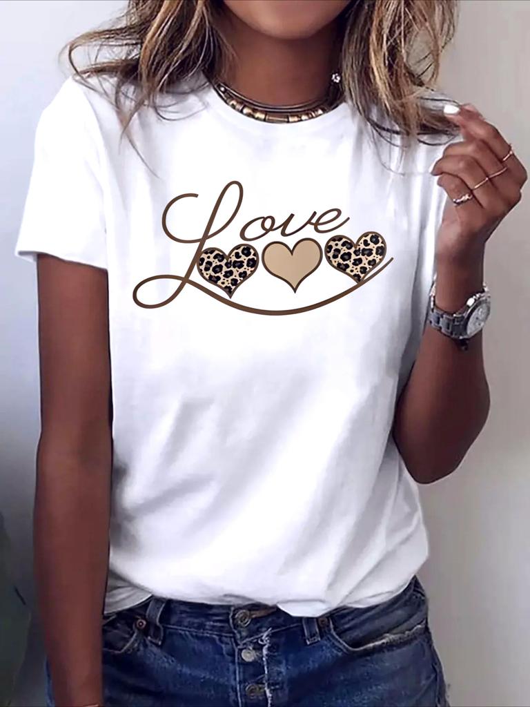 Leopard Heart Print Tshirt Unisex Sleeve Crew Neck Casual Top For Spring Summer Trendy Choice Harajuku Sleeve Aesthetic Clothes