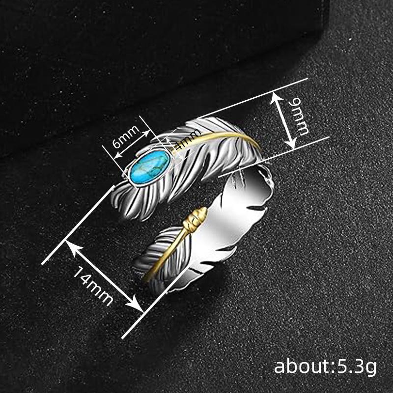 Feather Ring For Women, Imitation Turquoise Fashion Jewelry, Vintage Personalized Design Ring