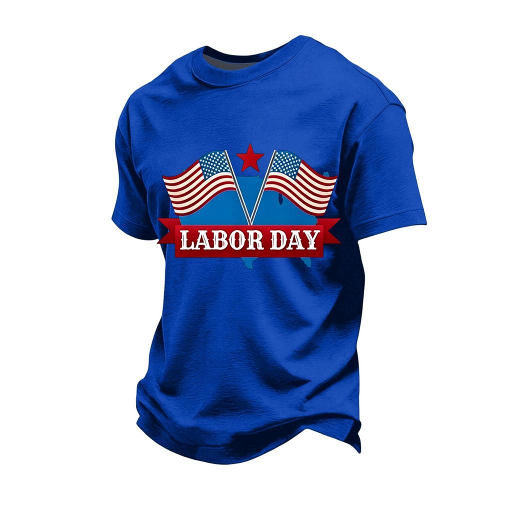 Men's Loose Fit Short Sleeve Casual T-Shirt Labor Day Printed Crew Neck Cotton Blend Top for Everyday Wear