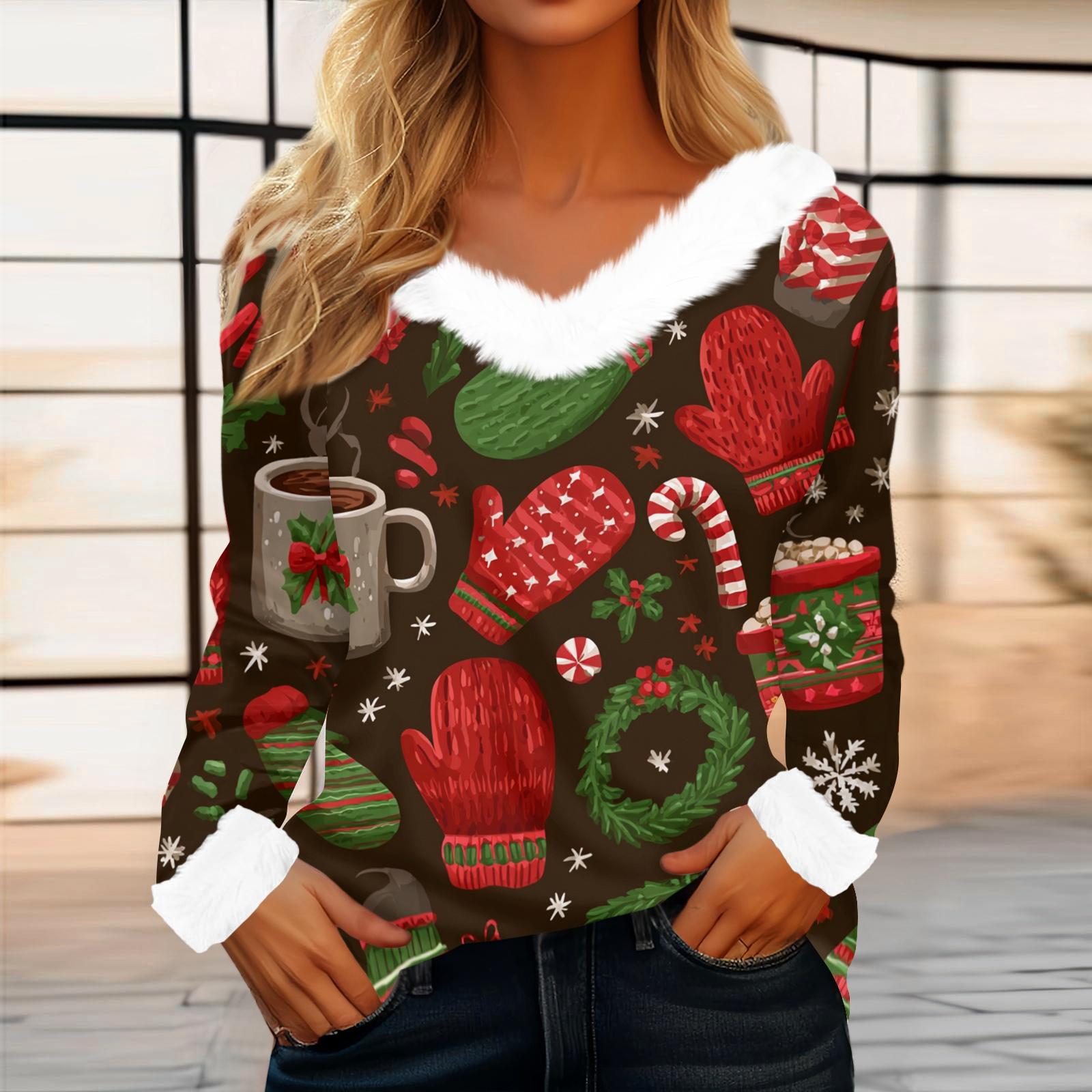 

Women s Casual Fashion Long Sleeve Christmas Printed Flannel Collar Top XXL кавовий
