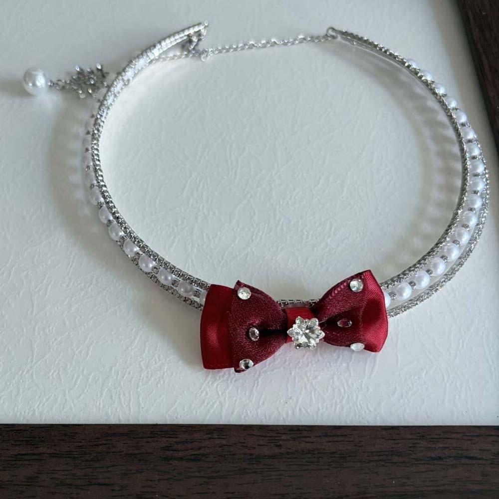 Collier avec Perles Nœud Argenté Pompon Bijou de Cou Brillant Perles Personnalisées Choker Strass pour Cadeau