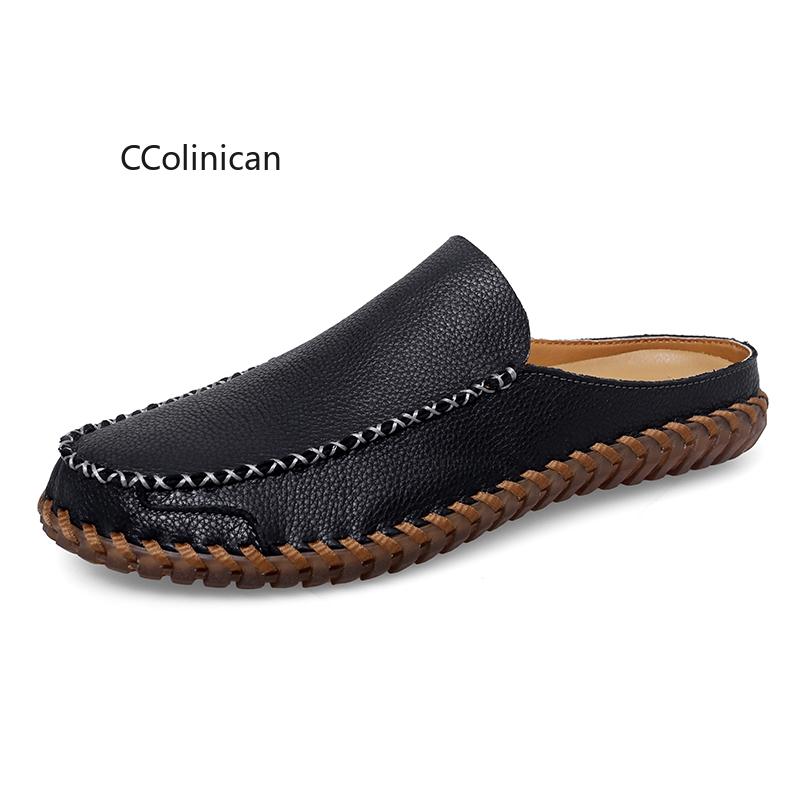 Hot Work Handmade Fashion Men Half Loafers Genuine Leather Slippers Loafer Slides Breathable Mules for Man Outdoor Lightweight