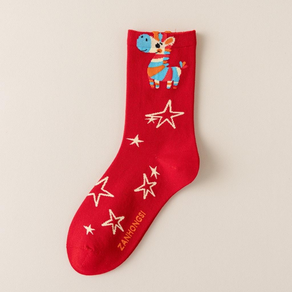 1 Pair New Year Lucky Red Socks For Men Women Autumn Winter Warm Mid-Tube Socks Cartoon Pony Horse Socks Christmas Gifts