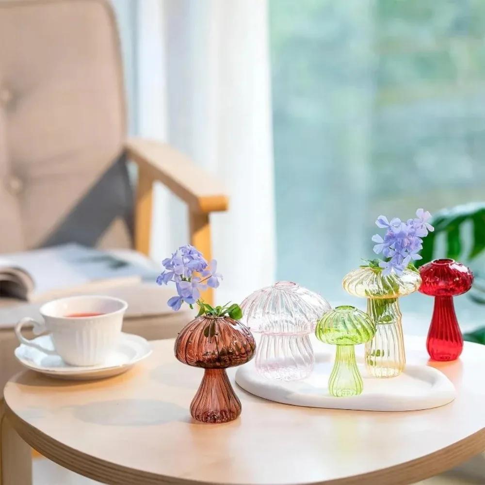 5Pcs/set Colourful Mushroom Glass Vase Creative Hydroponic Flower Pot Simple Table Decoration Home Decor Creative Vase