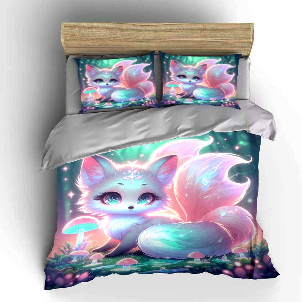 3Pcs Enchanted Nine-Tailed Fox Forest Duvet Cover Set With 3D Printing Design Soft Polyester Bedding Set All-Season Comfort