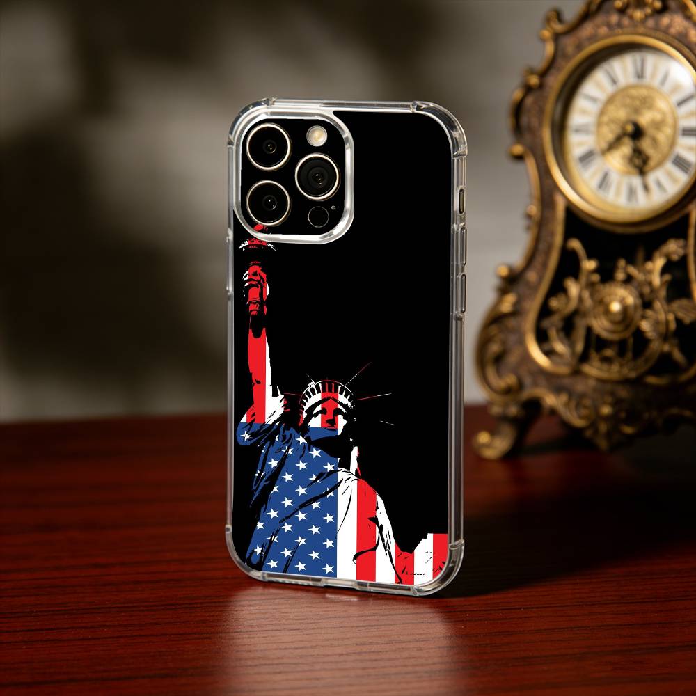 Statue L-Liberty America USA Flag Phone Case For iPhone 17 16 15 14 13 12 11 Mini Pro Max Plus Transparent Cover