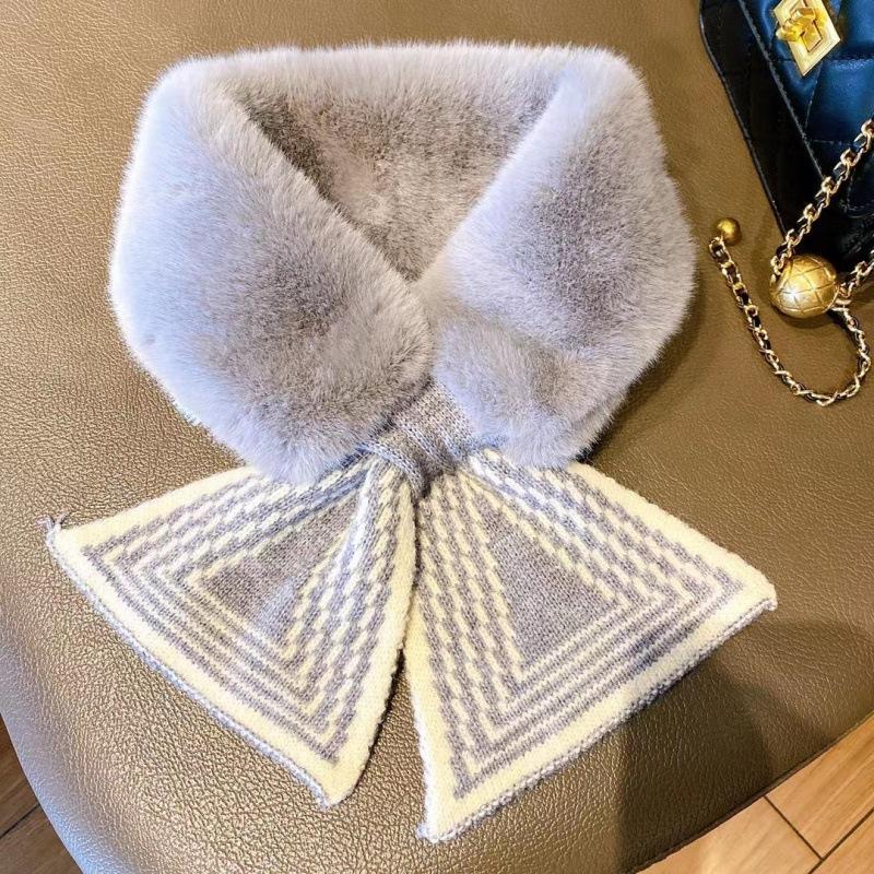 Autumn and Winter New Imitation Rabbit Plush Scarf Fashionable and Warm Simple and Versatile Cross Striped Knitted Plush Neck Protection Scarf