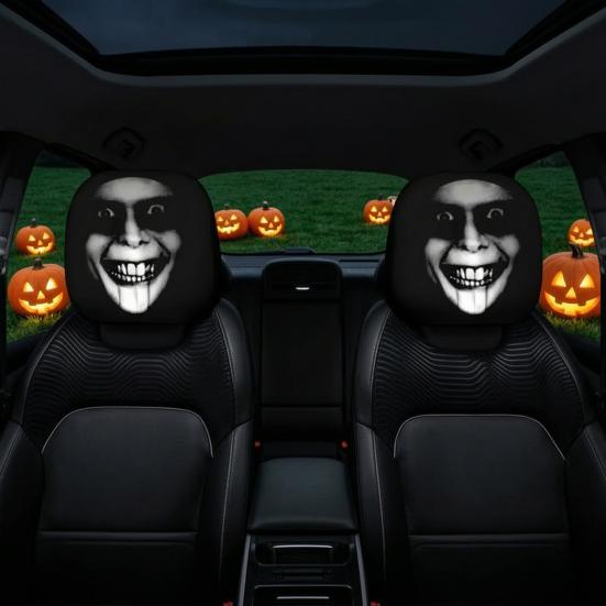 2 stk. Halloween Bil Nakkestøttebetræk, Sæde Nakkepudebetræk med Gyser-tema, Åndbar Strækbar Sæde Nakkestøttebeskytter til Bilinteriør