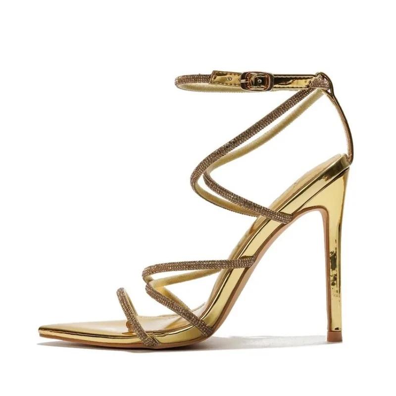 Fashion Solid Color Rhinestone Chain Cross Tie Toe Exposed Toes Sandals European American Hollow Sexy Pointed Party Sandals Size 35-44