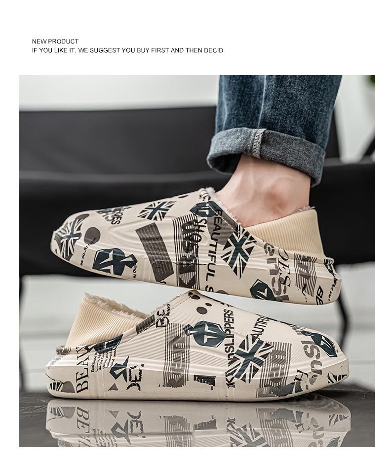 Men's Winter Waterproof Fleece-Lined Cotton Slippers - Plus Size, Dual-Use, Wrap-Heel, Half-Slippers for Outdoor & Home Use