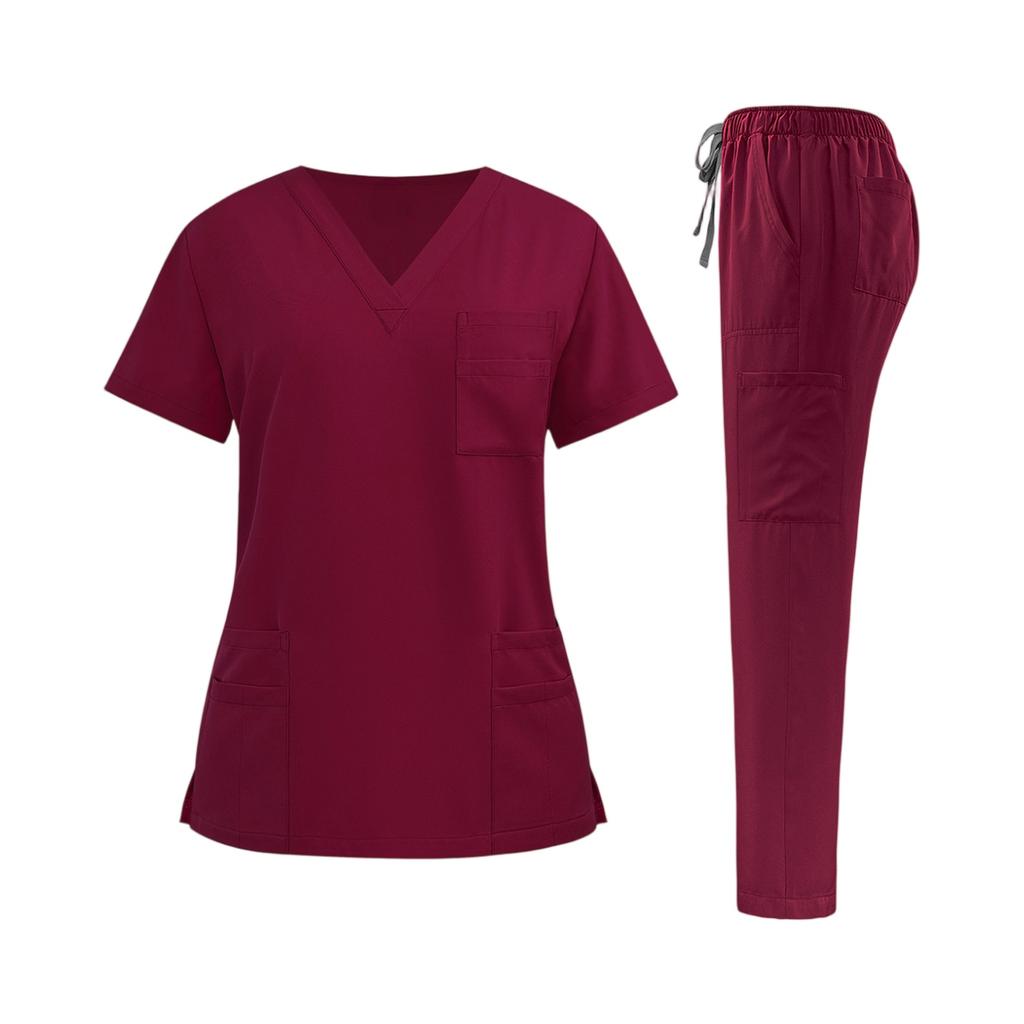 Damen Krankenpfleger Uniform Set Schnelltrocknendes Gewebe V-Ausschnitt Kurzarm Oberteil mit Taschen und Elastischem Bund Lange Hose Medizinische Arbeitskleidung Set