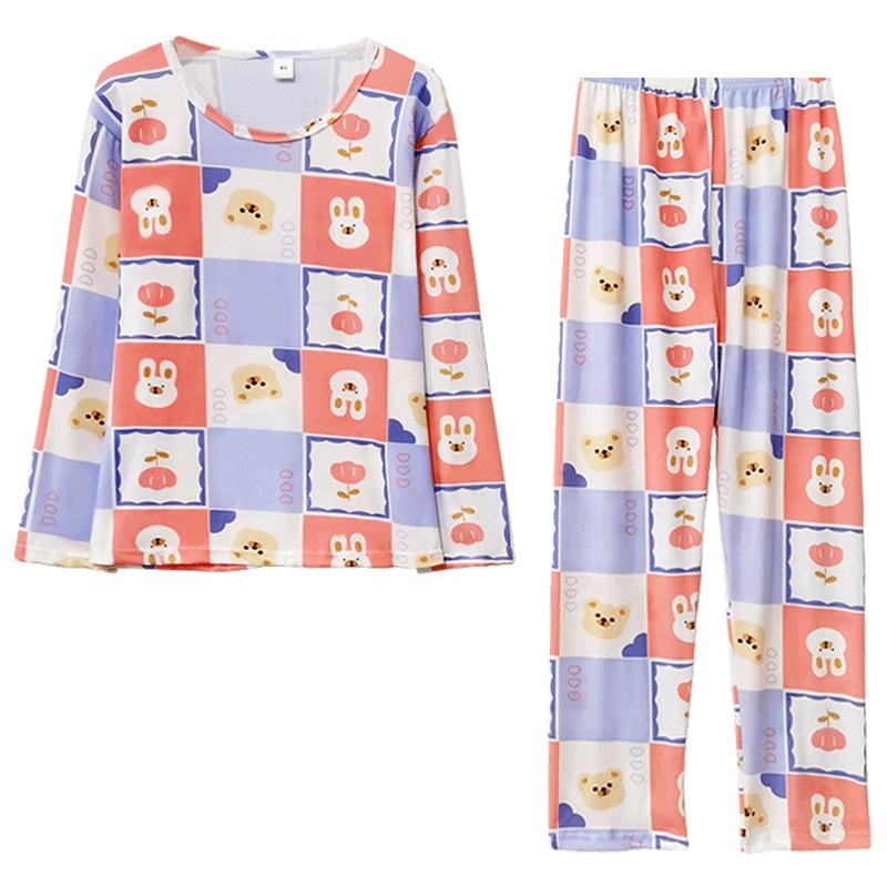 Sweet plaid rabbit bear pajamas women's spring and autumn cute cartoon loose round neck women's loungewear long suit