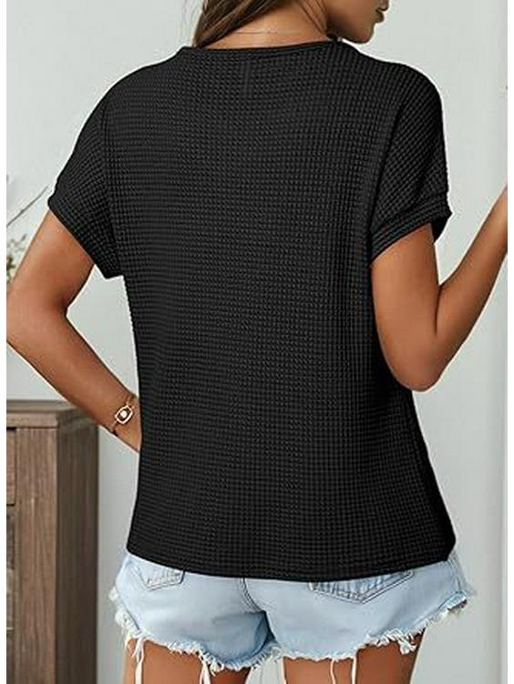 European & American Women's Waffle Knit V-Neck Short Sleeve Shirt