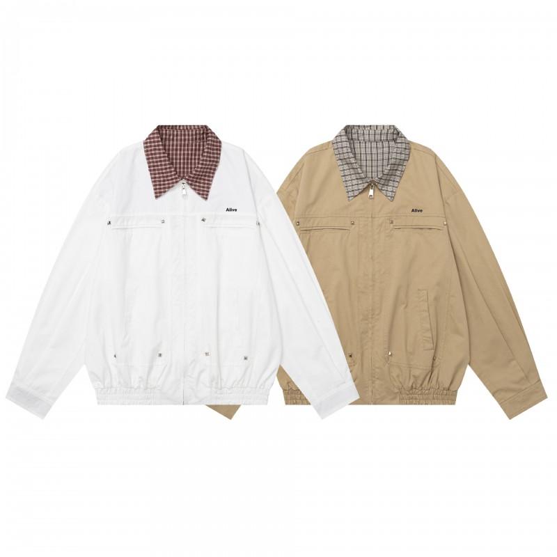 Mens Retro Streetwear Cotton Jacket With Collar Plaid Patchwork Loose Fit Winter Outerwear