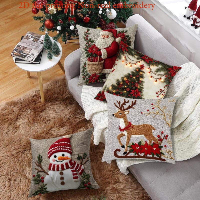 Christmas Cushions with Santa Snowman Deer Tree 2D Flat Printing Polyester Pillowcase, Sofa  Cushion Cov Headboard Pillow