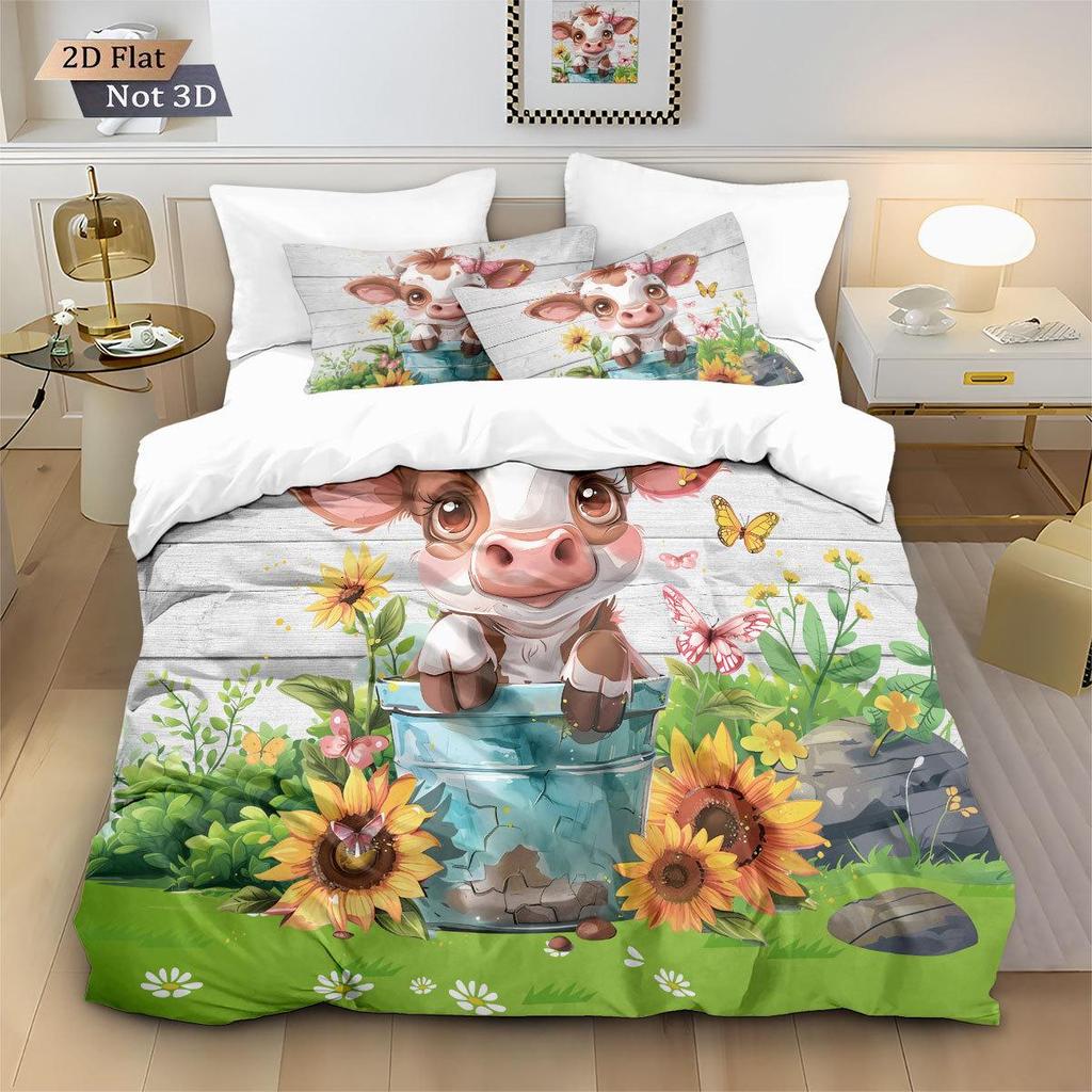 Meikeduo Pink Cartoon Cow Duvet Cover Set - 3-Piece Bedding for Bedroom/Guest Room