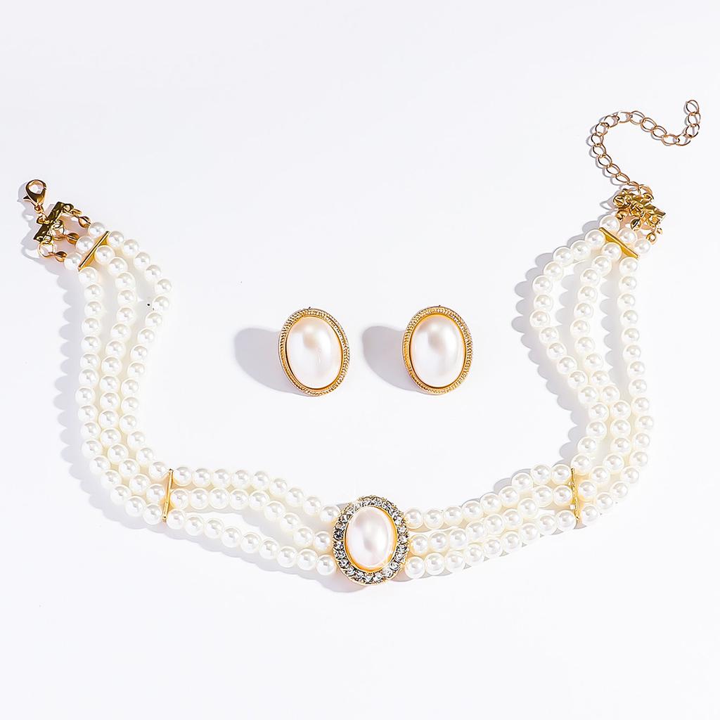 Exaggerated Diamond-Encrusted Pearl Necklace Stud Earrings Set, Niche Temperament Collarbone Chain, Fashionable Light Luxury High-End Jewelry