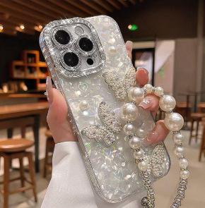 Rhinestone pearl butterfly is suitable for Apple 17Pro mobile phone case iphone16 with its own lens film 15 all-inclusive anti-drop.