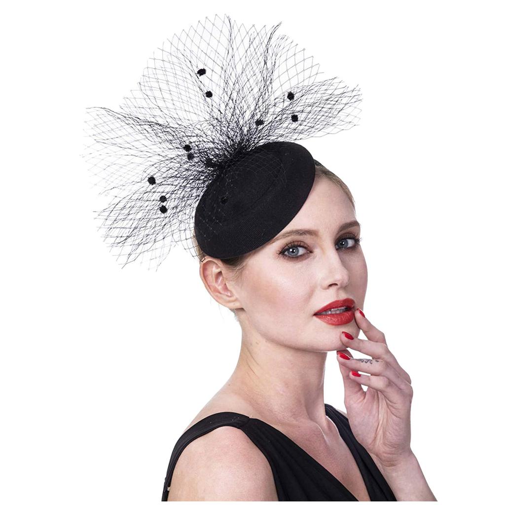 Ladies Mesh Wedding Party Fascinator Headband Hairband Cocktail Hat Mesh Netting with Decorative Dots for Formal Events