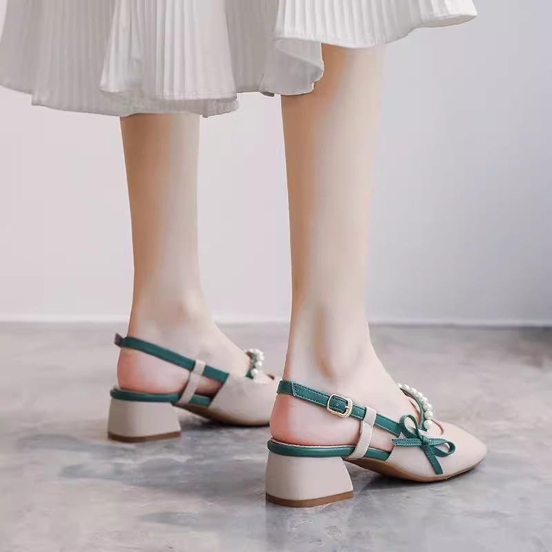 Fairy Wind Bag Head Sandals Female 2025 Summer Color Matching Pearl Mary Jane Thick Heel Square Head Medium Heel High Heel Sandals