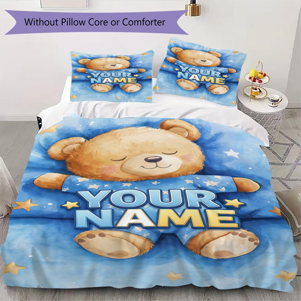 Custom Name Rainbow Heart Bear Love Bedding,Quilt Set Quilt Cover Pillowcase Home Birthday Gift(1 * duvet cover + 2 * pillowcase, without core)_lx